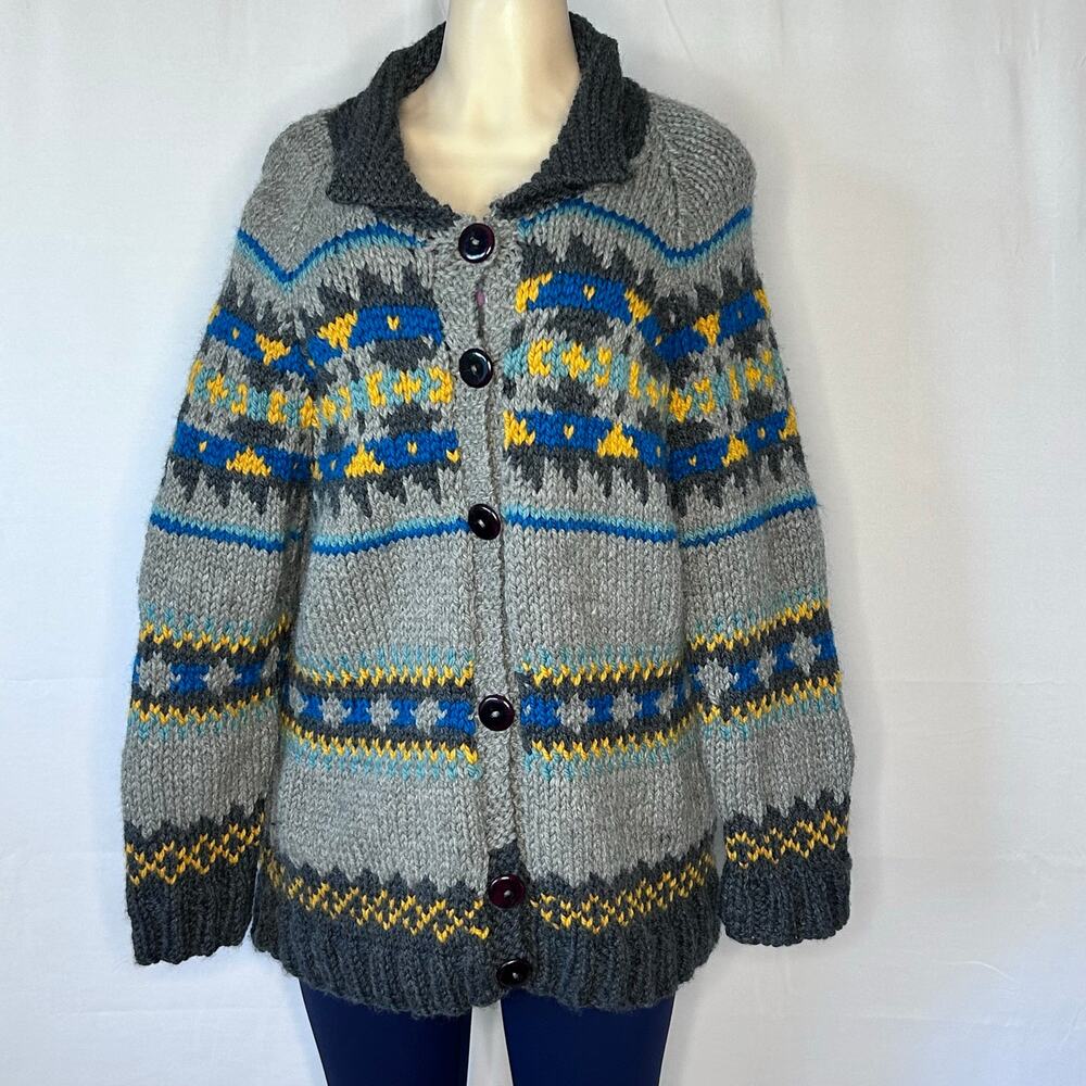Handmade Chunky Knit Fair Isle Cardigan Gray Blue Yellow Women’s M/L